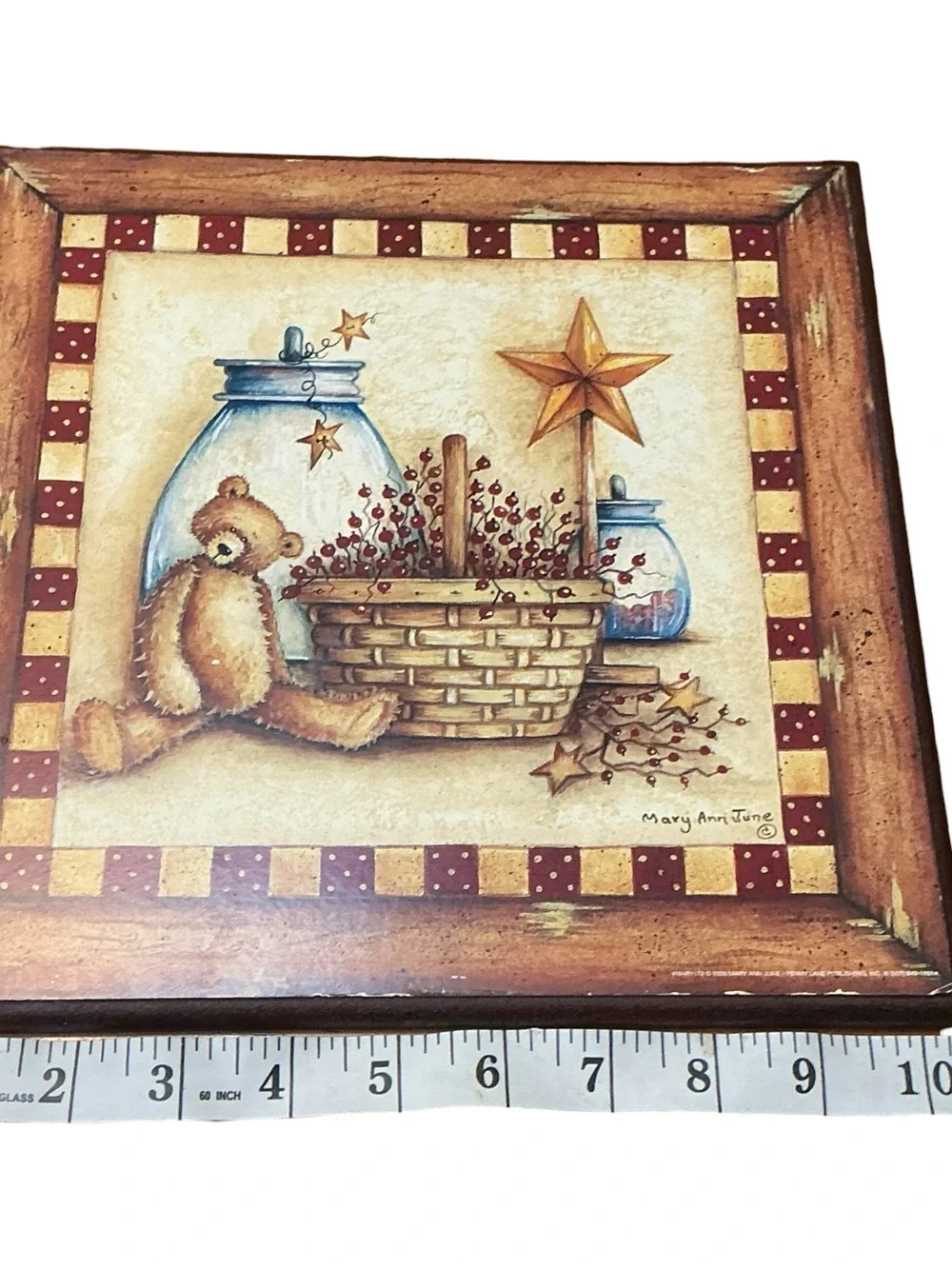 Teddy Bear & Basket Wall Art Print - Rustic Red, Cream, Brown